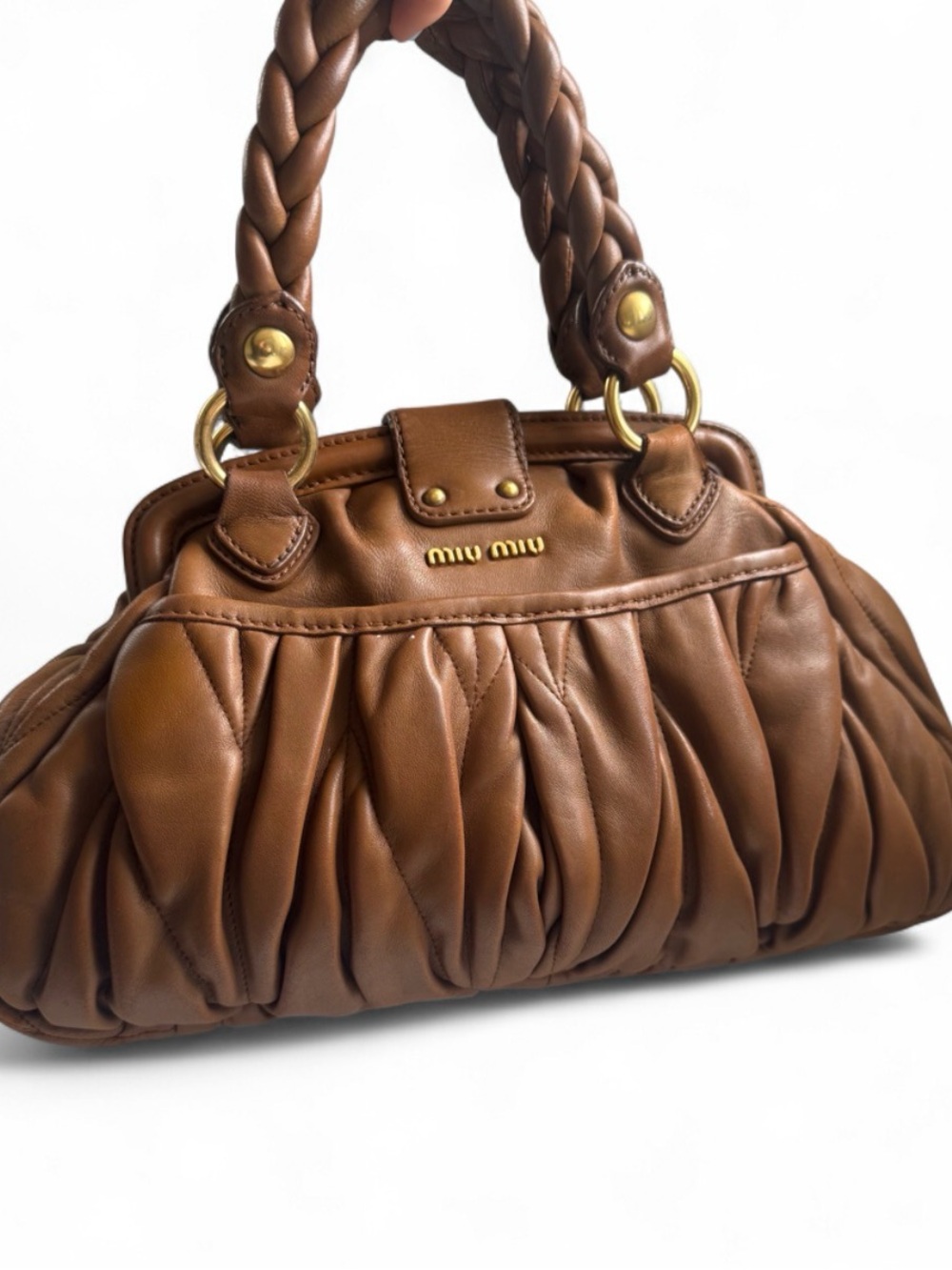 Miu Miu Cognac Brown Ruched Leather Satchel with Braided Handles - Picture 3 of 4